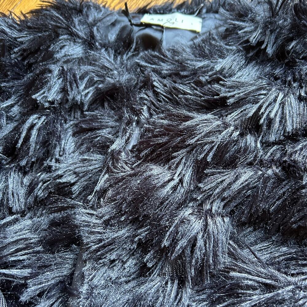 Amoli Faux Fur Coat Fuzzy Fringe Dressy Cardigan Jacket Bolero Black NEW Size L - Picture 9 of 9